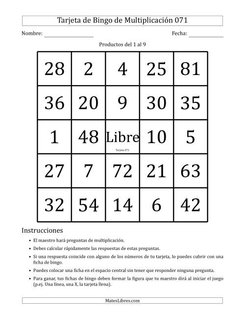 La hoja de ejercicios de Tarjetas de Bingo de Multiplicación para Productos del 1 al 9 (Tarjetas 071 to 080) (H)