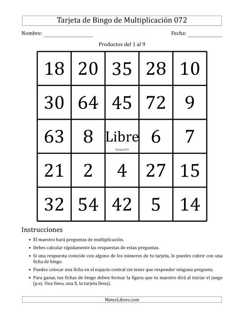 La hoja de ejercicios de Tarjetas de Bingo de Multiplicación para Productos del 1 al 9 (Tarjetas 071 to 080) (H) Página 2