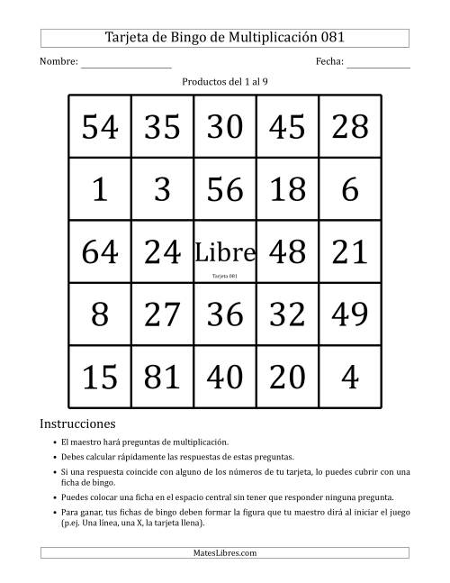 La hoja de ejercicios de Tarjetas de Bingo de Multiplicación para Productos del 1 al 9 (Tarjetas 081 to 090) (I)