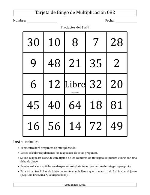 La hoja de ejercicios de Tarjetas de Bingo de Multiplicación para Productos del 1 al 9 (Tarjetas 081 to 090) (I) Página 2