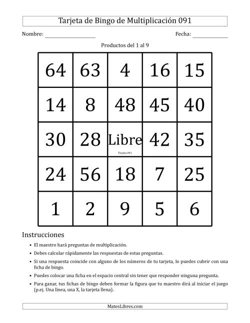 La hoja de ejercicios de Tarjetas de Bingo de Multiplicación para Productos del 1 al 9 (Tarjetas 091 to 100) (J)