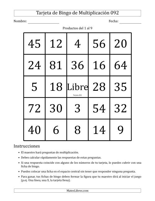 La hoja de ejercicios de Tarjetas de Bingo de Multiplicación para Productos del 1 al 9 (Tarjetas 091 to 100) (J) Página 2