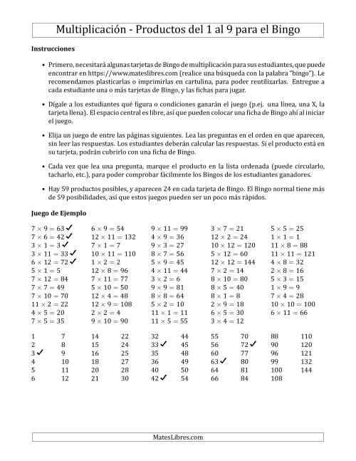 La hoja de ejercicios de Bingo de Productos del 1 al 9 Tarjetas del Profesor (Juegos 1 al 10) (A)