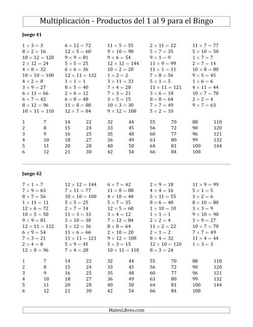 La hoja de ejercicios de Bingo de Productos del 1 al 9 Tarjetas del Profesor (Juegos 41 al 50) (E) Página 2