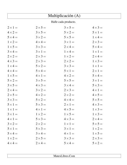 La hoja de ejercicios de Multiplicación Horizontal, Productos Hasta 25 (A)
