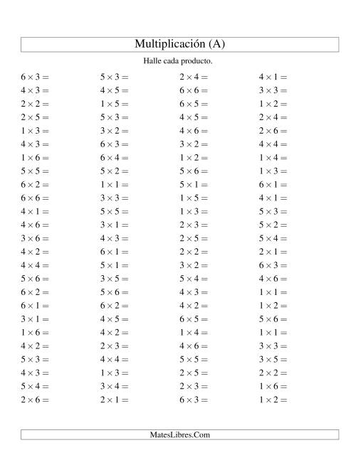 La hoja de ejercicios de Multiplicación Horizontal, Productos Hasta 36 (A)