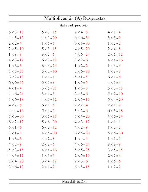 La hoja de ejercicios de Multiplicación Horizontal, Productos Hasta 36 (A) Página 2