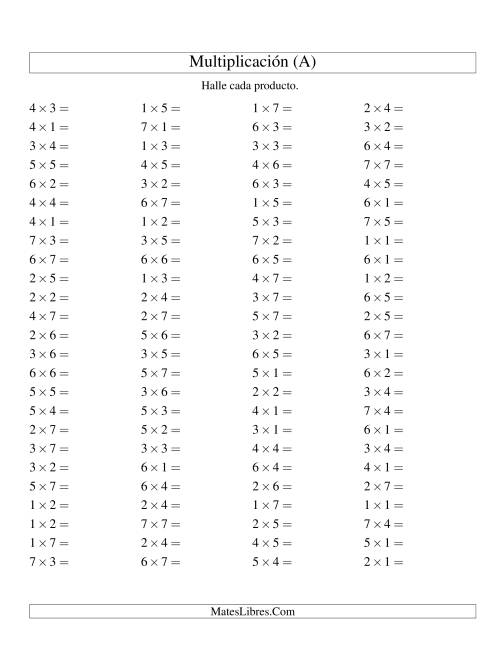 La hoja de ejercicios de Multiplicación Horizontal, Productos Hasta 49 (Todas)