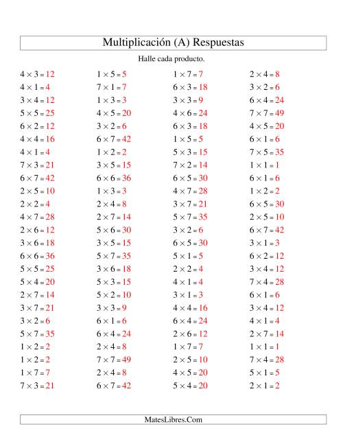 La hoja de ejercicios de Multiplicación Horizontal, Productos Hasta 49 (Todas) Página 2