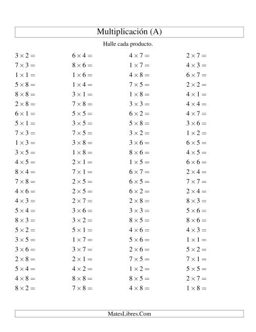 La hoja de ejercicios de Multiplicación Horizontal, Productos Hasta 64 (A)