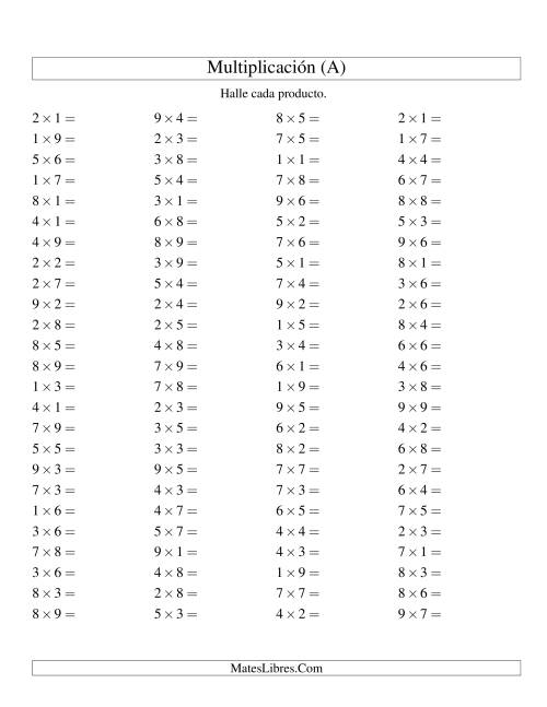 La hoja de ejercicios de Multiplicación Horizontal, Productos Hasta 81 (A)