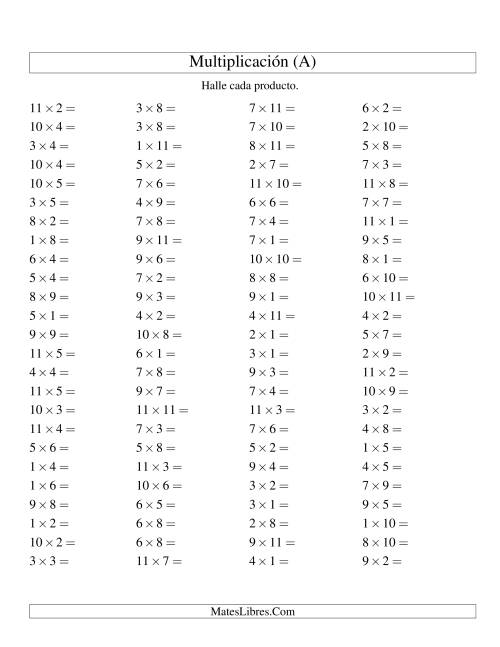 La hoja de ejercicios de Multiplicación Horizontal, Productos Hasta 121 (A)