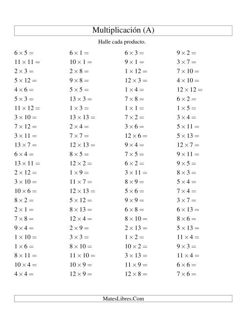La hoja de ejercicios de Multiplicación Horizontal, Productos Hasta 169 (A)