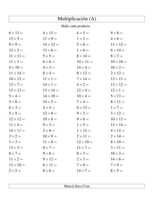 La hoja de ejercicios de Multiplicación Horizontal, Productos Hasta 196 (A)