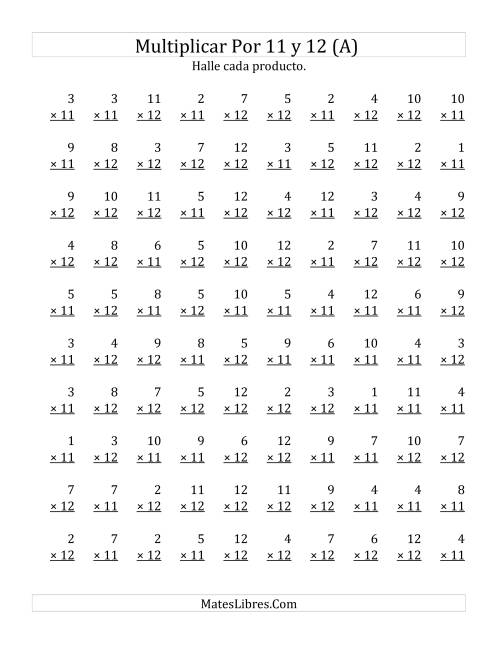 La hoja de ejercicios de Multiplicar de 1 a 12 por 11 y 12 (A)