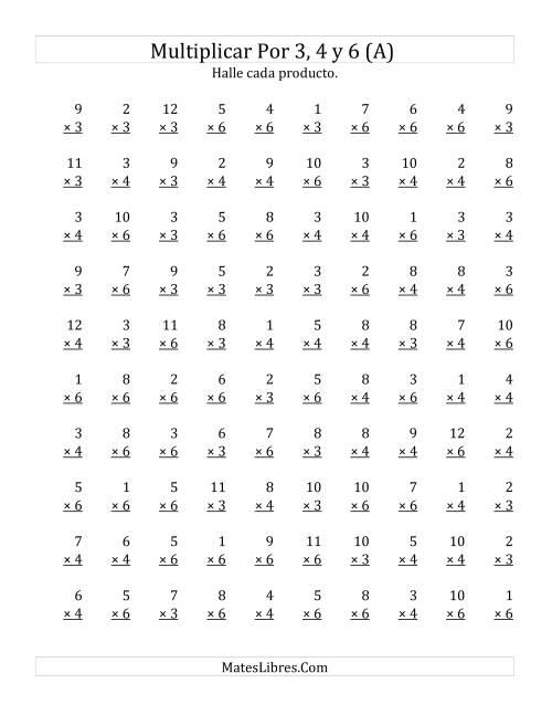 La hoja de ejercicios de Multiplicar de 1 a 12 por 3, 4 y 6 (A)