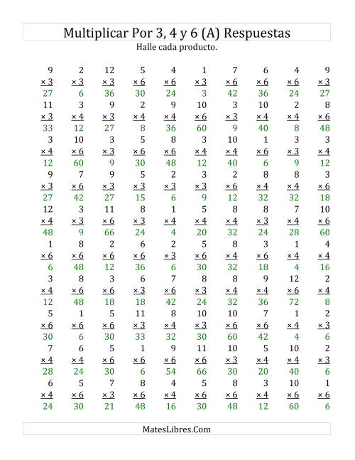 La hoja de ejercicios de Multiplicar de 1 a 12 por 3, 4 y 6 (A) Página 2