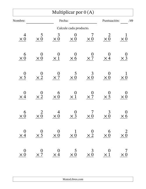 La hoja de ejercicios de Multiplicar (Factores de 0 a 7) por 0 (49 Preguntas) (A)