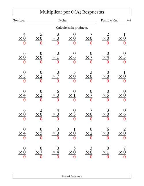 La hoja de ejercicios de Multiplicar (Factores de 0 a 7) por 0 (49 Preguntas) (A) Página 2