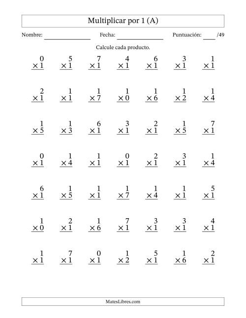 La hoja de ejercicios de Multiplicar (Factores de 0 a 7) por 1 (49 Preguntas) (A)