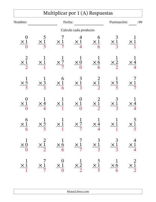 La hoja de ejercicios de Multiplicar (Factores de 0 a 7) por 1 (49 Preguntas) (A) Página 2