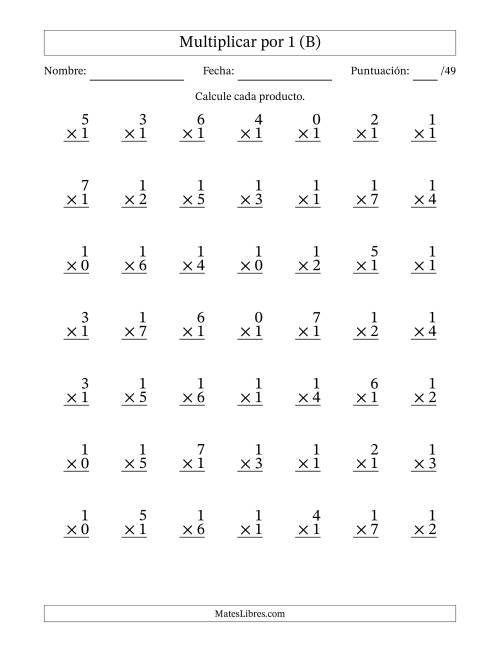 La hoja de ejercicios de Multiplicar (Factores de 0 a 7) por 1 (49 Preguntas) (B)