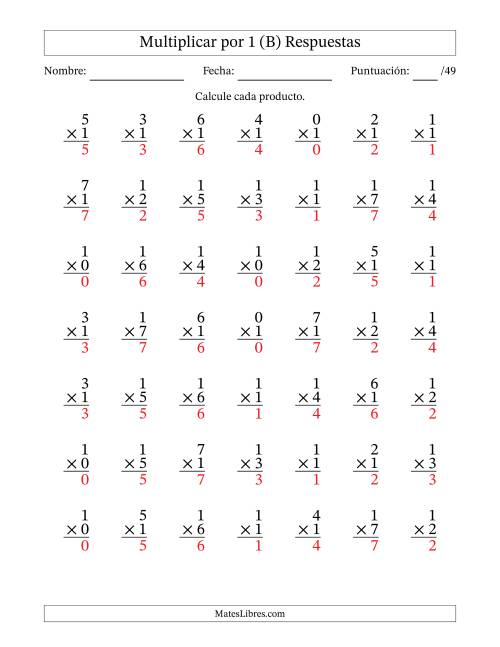 La hoja de ejercicios de Multiplicar (Factores de 0 a 7) por 1 (49 Preguntas) (B) Página 2