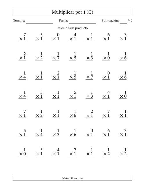 La hoja de ejercicios de Multiplicar (Factores de 0 a 7) por 1 (49 Preguntas) (C)