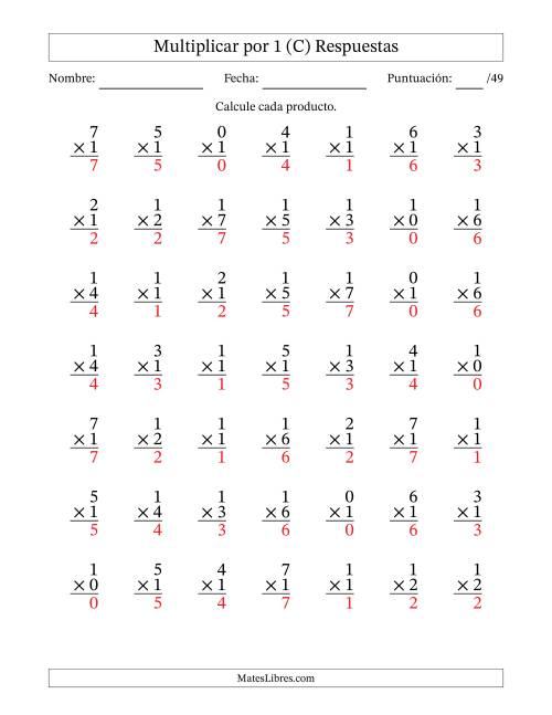 La hoja de ejercicios de Multiplicar (Factores de 0 a 7) por 1 (49 Preguntas) (C) Página 2
