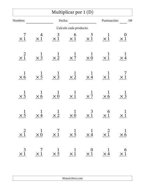 La hoja de ejercicios de Multiplicar (Factores de 0 a 7) por 1 (49 Preguntas) (D)