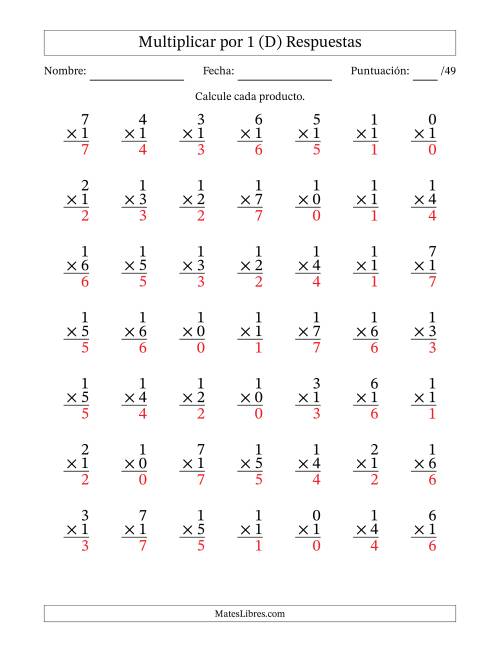 La hoja de ejercicios de Multiplicar (Factores de 0 a 7) por 1 (49 Preguntas) (D) Página 2