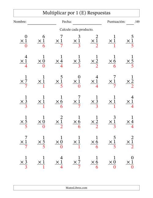 La hoja de ejercicios de Multiplicar (Factores de 0 a 7) por 1 (49 Preguntas) (E) Página 2