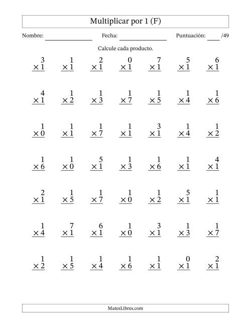 La hoja de ejercicios de Multiplicar (Factores de 0 a 7) por 1 (49 Preguntas) (F)
