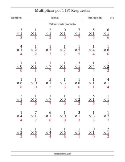 La hoja de ejercicios de Multiplicar (Factores de 0 a 7) por 1 (49 Preguntas) (F) Página 2