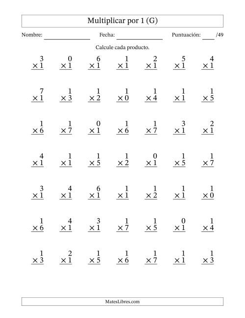 La hoja de ejercicios de Multiplicar (Factores de 0 a 7) por 1 (49 Preguntas) (G)