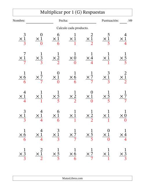La hoja de ejercicios de Multiplicar (Factores de 0 a 7) por 1 (49 Preguntas) (G) Página 2