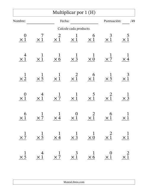 La hoja de ejercicios de Multiplicar (Factores de 0 a 7) por 1 (49 Preguntas) (H)