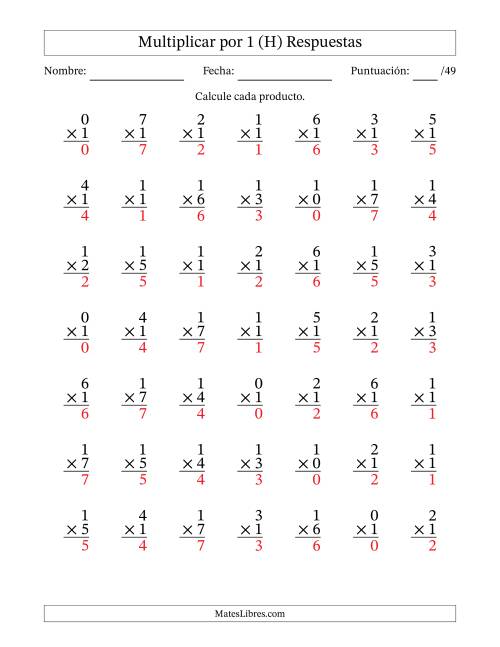 La hoja de ejercicios de Multiplicar (Factores de 0 a 7) por 1 (49 Preguntas) (H) Página 2