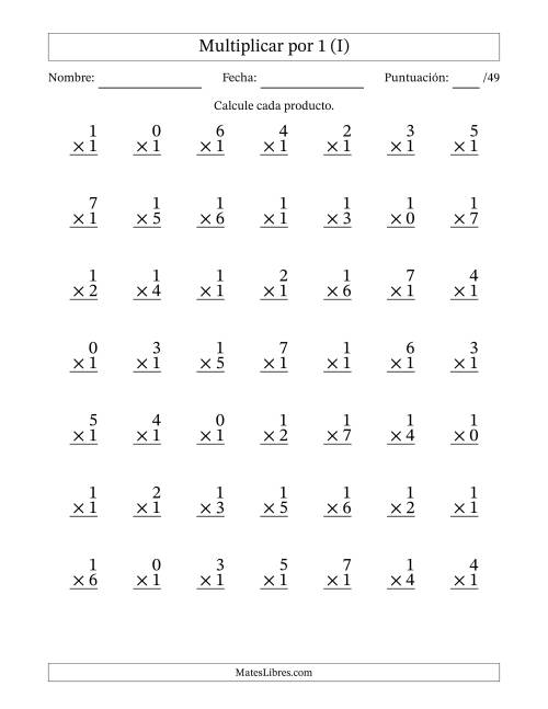 La hoja de ejercicios de Multiplicar (Factores de 0 a 7) por 1 (49 Preguntas) (I)