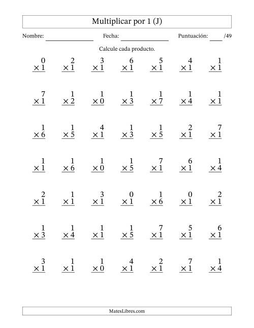 La hoja de ejercicios de Multiplicar (Factores de 0 a 7) por 1 (49 Preguntas) (J)