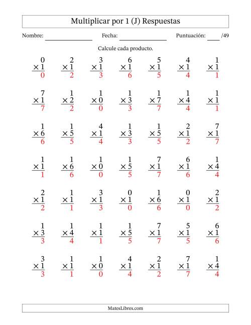 La hoja de ejercicios de Multiplicar (Factores de 0 a 7) por 1 (49 Preguntas) (J) Página 2