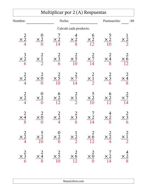La hoja de ejercicios de Multiplicar (Factores de 0 a 7) por 2 (49 Preguntas) (A) Página 2