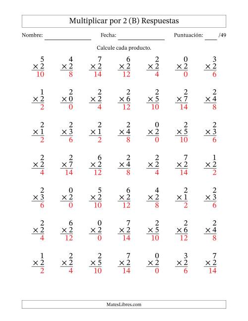 La hoja de ejercicios de Multiplicar (Factores de 0 a 7) por 2 (49 Preguntas) (B) Página 2