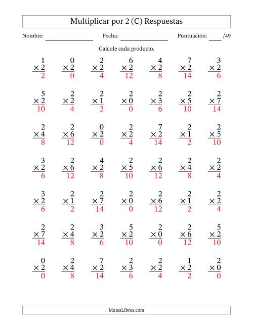 La hoja de ejercicios de Multiplicar (Factores de 0 a 7) por 2 (49 Preguntas) (C) Página 2