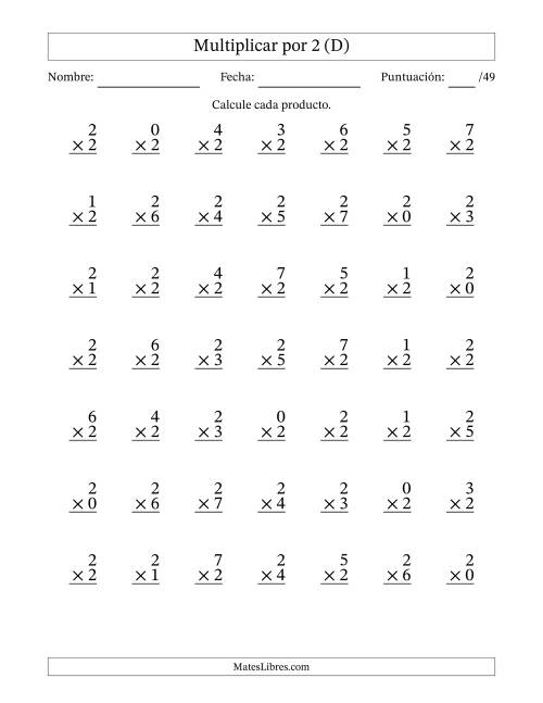 La hoja de ejercicios de Multiplicar (Factores de 0 a 7) por 2 (49 Preguntas) (D)