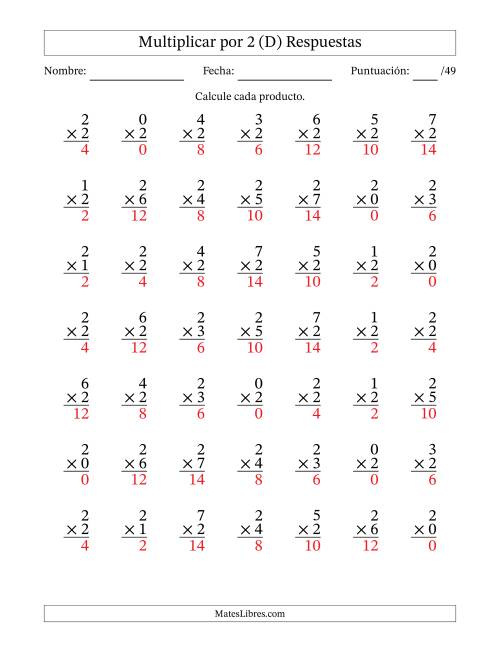 La hoja de ejercicios de Multiplicar (Factores de 0 a 7) por 2 (49 Preguntas) (D) Página 2