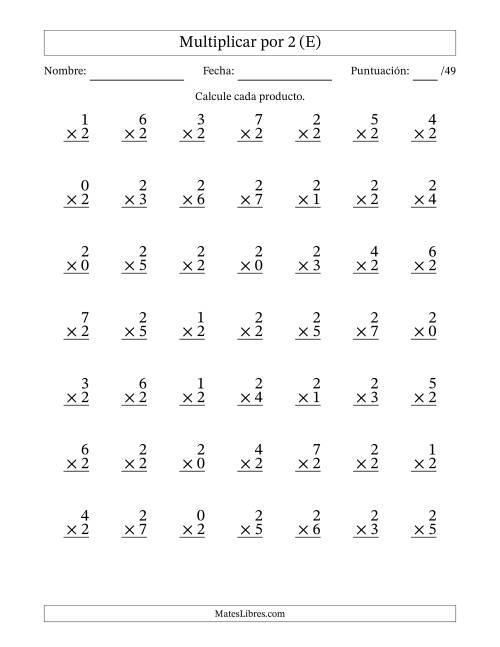 La hoja de ejercicios de Multiplicar (Factores de 0 a 7) por 2 (49 Preguntas) (E)
