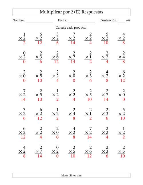 La hoja de ejercicios de Multiplicar (Factores de 0 a 7) por 2 (49 Preguntas) (E) Página 2