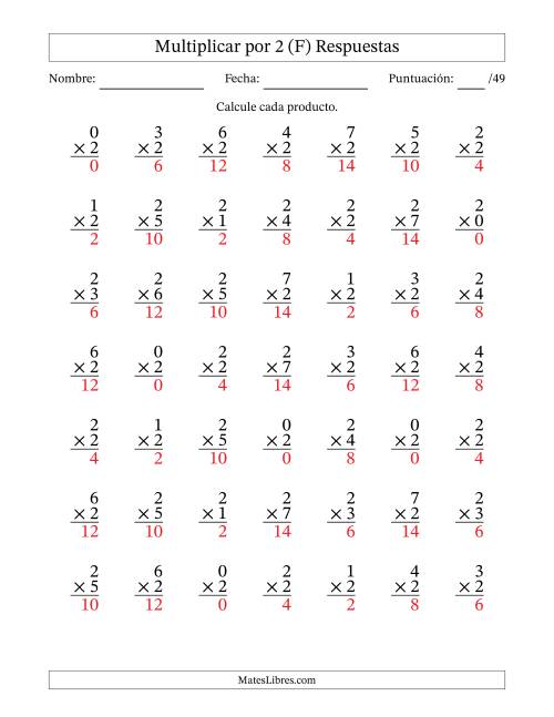 La hoja de ejercicios de Multiplicar (Factores de 0 a 7) por 2 (49 Preguntas) (F) Página 2