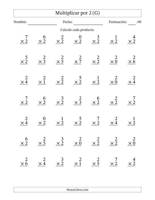 La hoja de ejercicios de Multiplicar (Factores de 0 a 7) por 2 (49 Preguntas) (G)